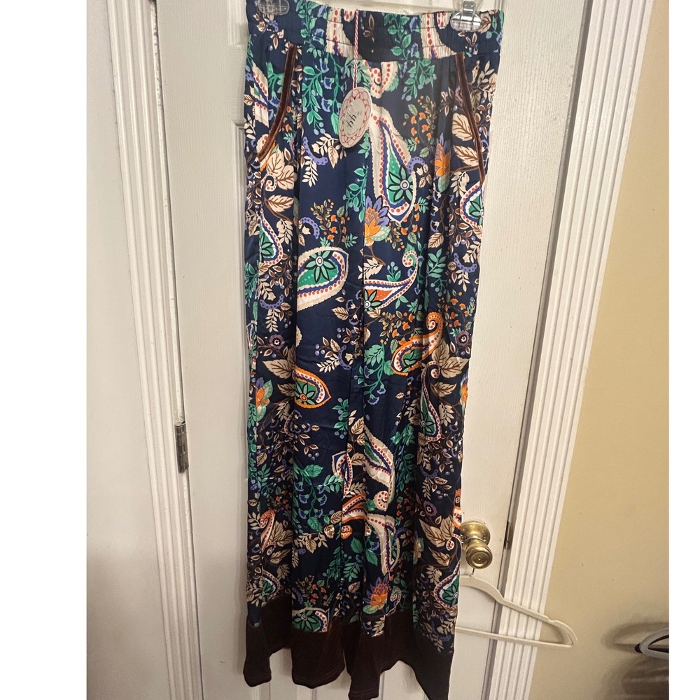 Umgee USA Floral Paisley Wide Leg Pants Velvet Trim Navy Multi K7628 Large NEW